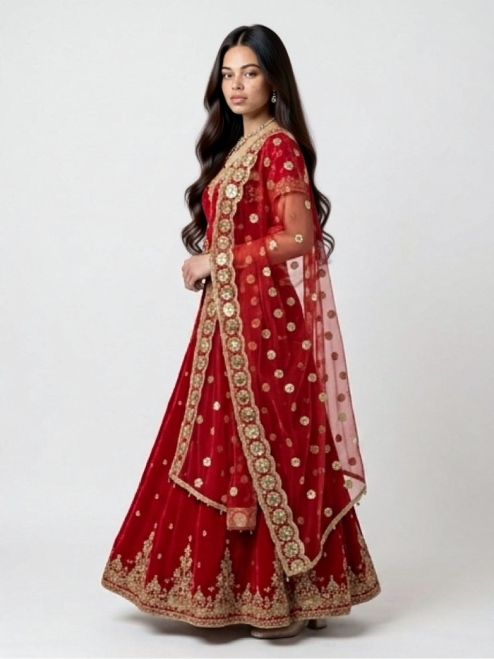 Red Embroidered Three Piece Ethnic Set with Gold Accents